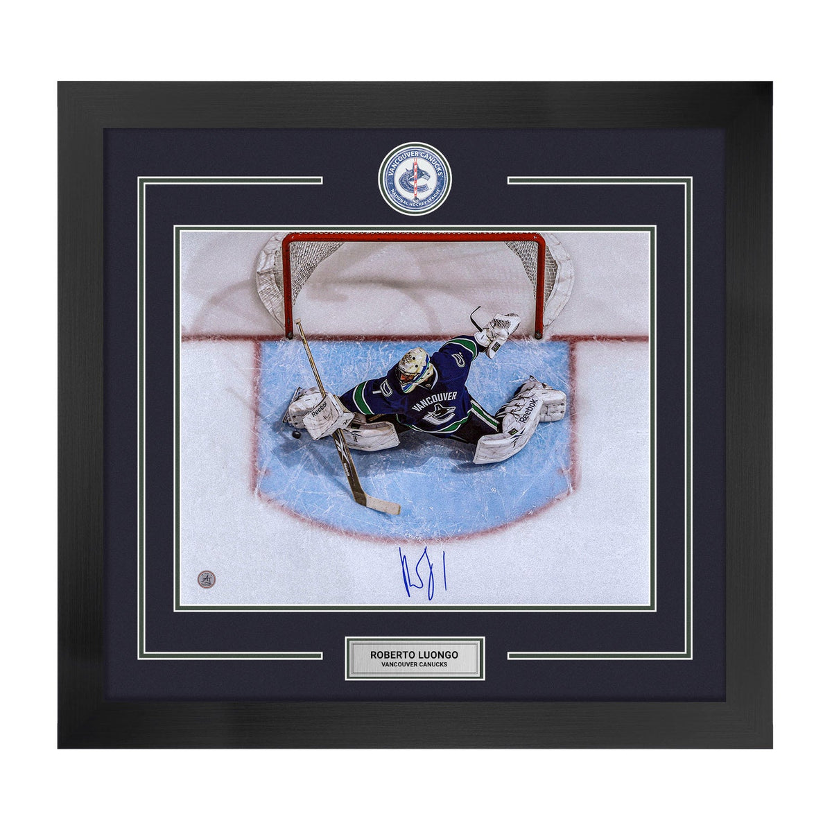 Roberto Luongo Signed Vancouver Canucks Centre Ice Logo 28x30 Frame product image 1, provided for visual reference and