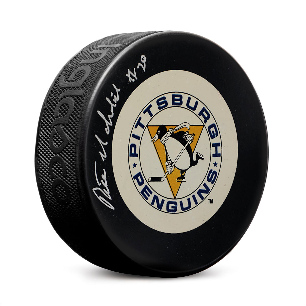 Peter Mahovlich Autographed Pittsburgh Penguins Vintage Logo Puck product image 1, provided for visual reference and product