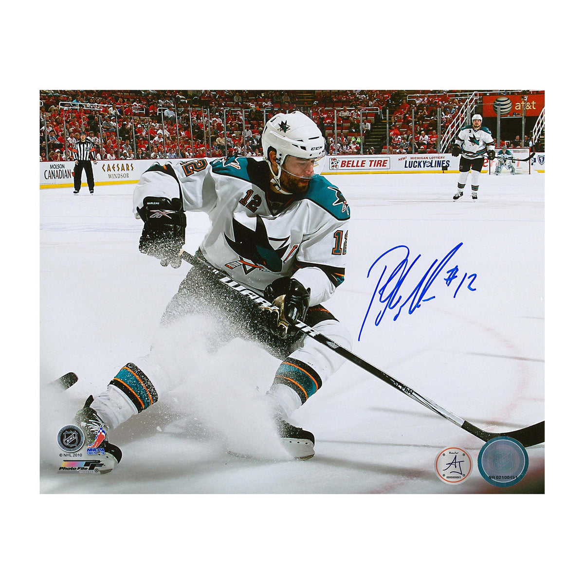 Patrick Marleau Autographed San Jose Sharks Snowstorm 8x10 Photo product image 1, provided for visual reference and product