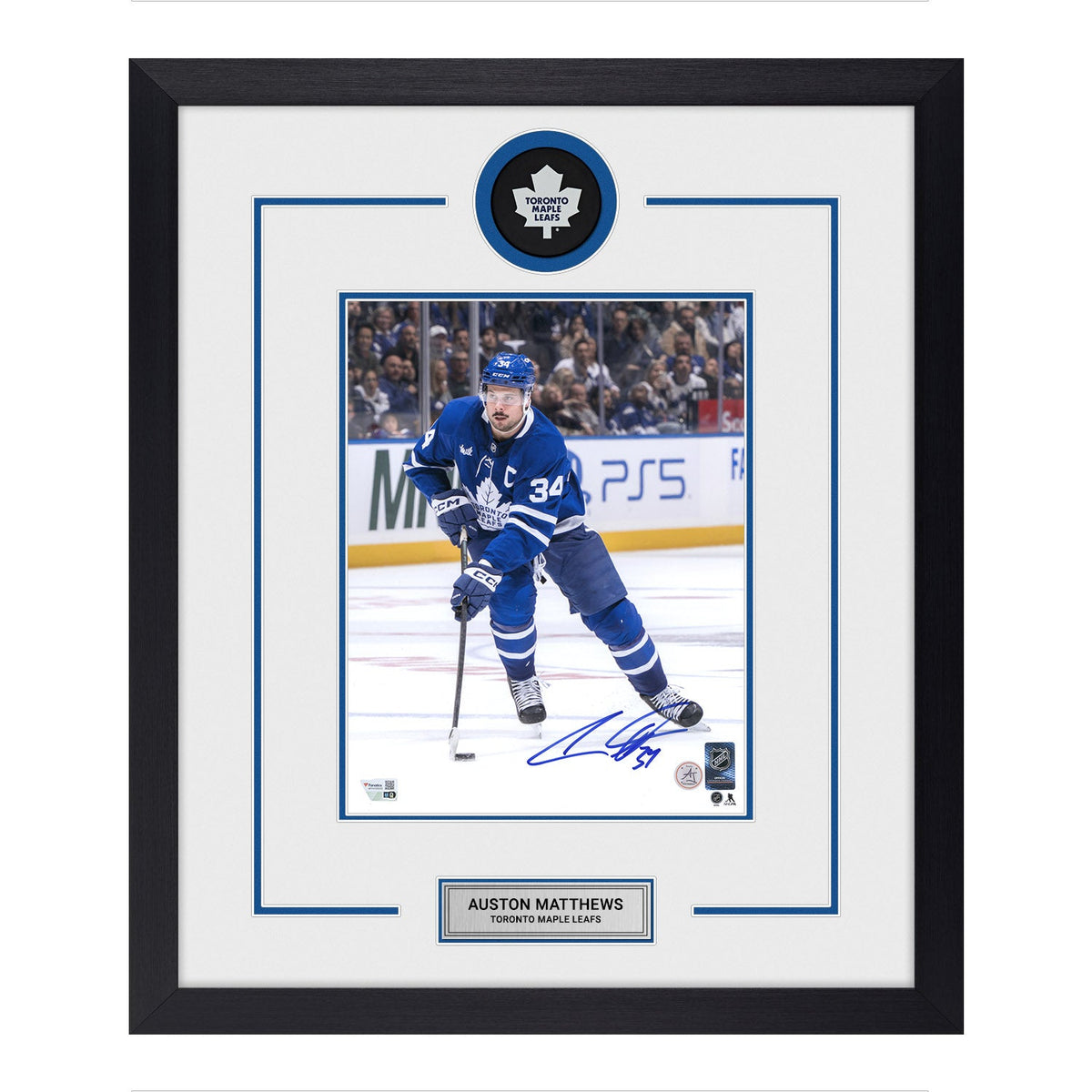 Auston Matthews Autographed Toronto Maple Leafs Puck Logo 23x27 Frame product image 1, provided for visual reference and