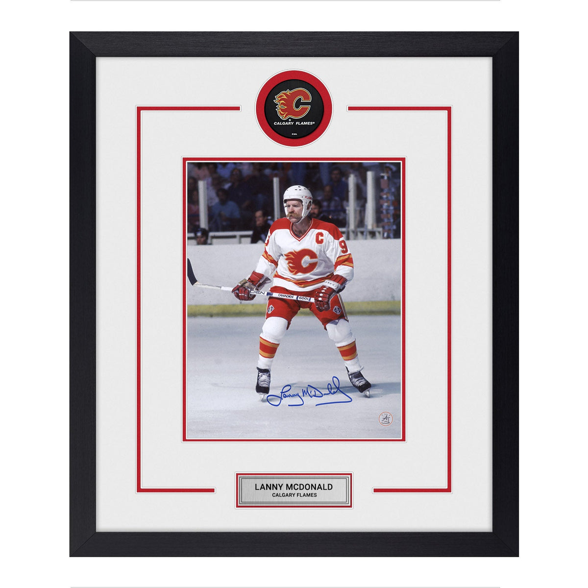 Lanny McDonald Autographed Calgary Flames Puck Logo 23x27 Frame product image 1, provided for visual reference and product