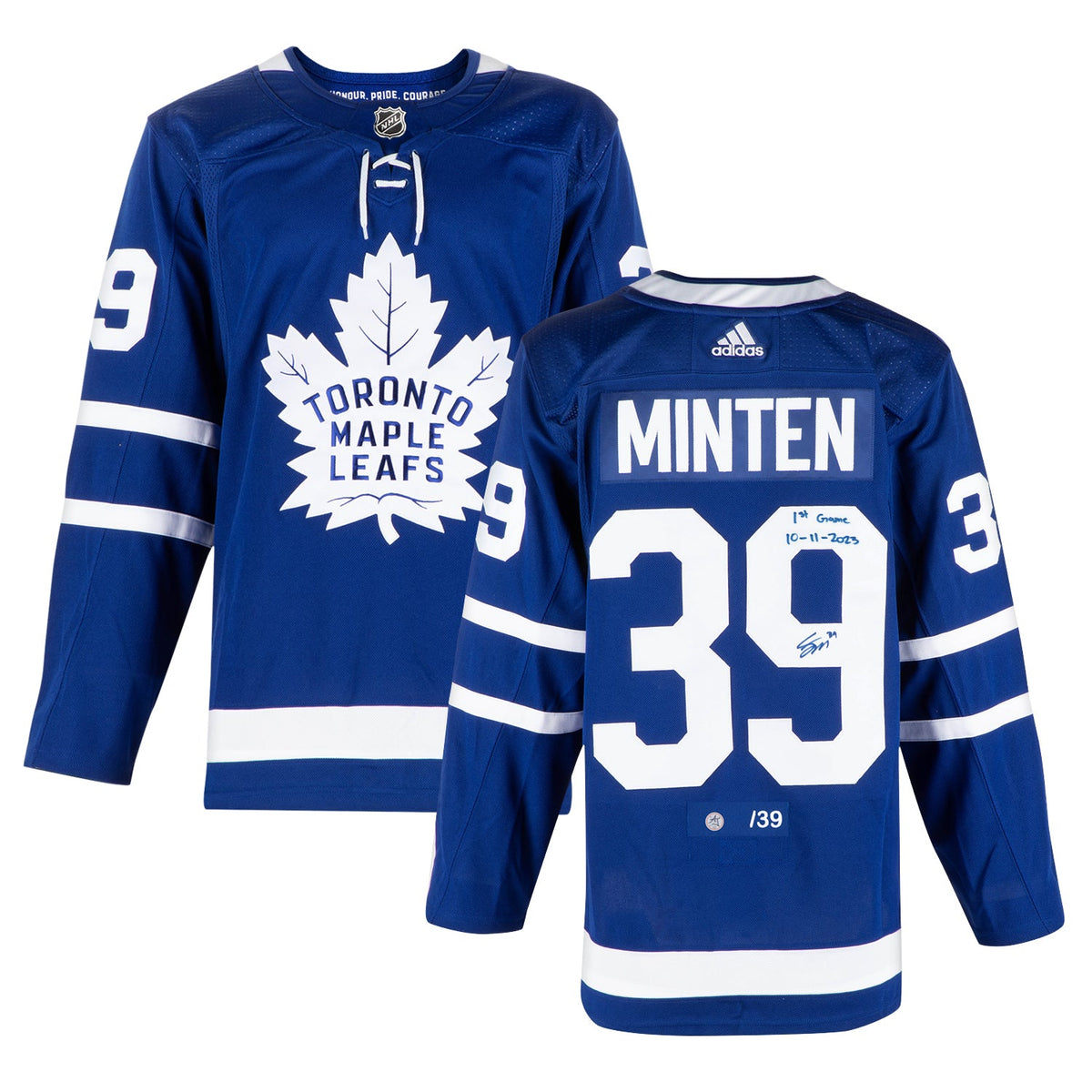 Fraser Minten Toronto Maple Leafs Signed & Dated 1st Game adidas Jersey #/39 product image 3, provided for visual reference