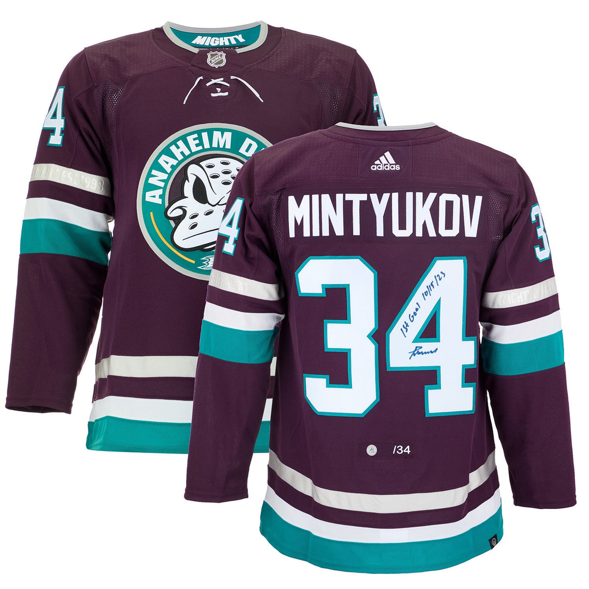 Pavel Mintyukov Anaheim Ducks Signed & Dated 1st Goal adidas Jersey #/34 product image 3, provided for visual reference and
