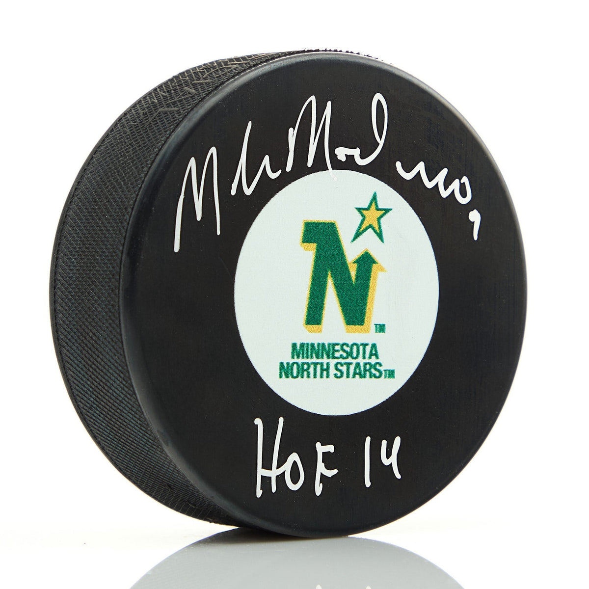 Mike Modano Autographed Minnesota North Stars Retro Logo Puck with HOF Note product image 1, provided for visual reference
