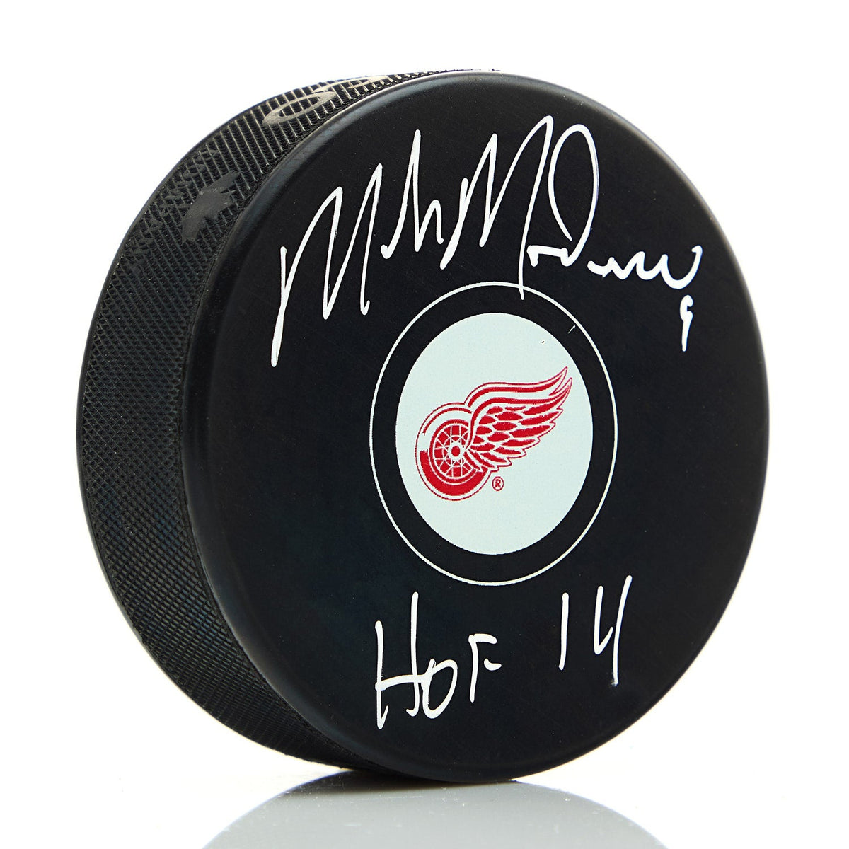 Mike Modano Autographed Detroit Red Wings Hockey Puck with HOF Note product image 1, provided for visual reference and
