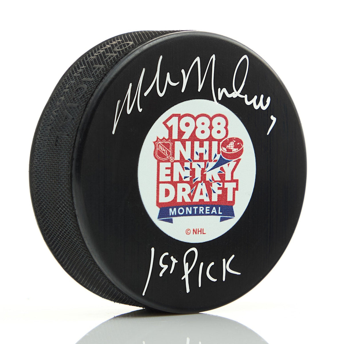 Mike Modano Autographed 1988 NHL Entry Draft Puck with 1st Pick Note product image 1, provided for visual reference and