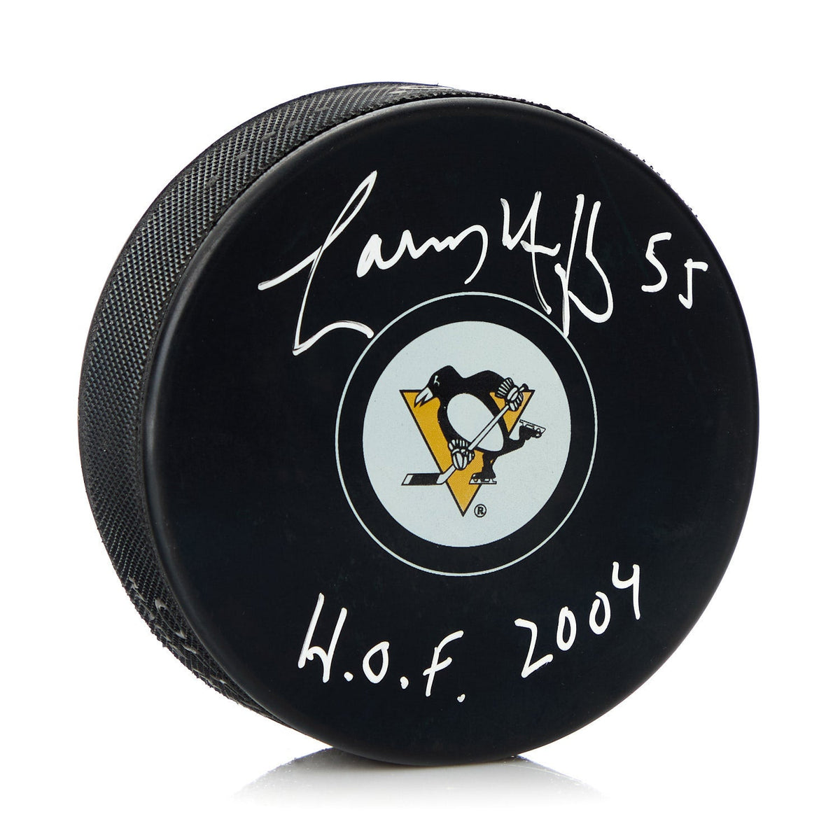 Larry Murphy Signed Pittsburgh Penguins Hockey Puck with HOF Note product image 1, provided for visual reference and product