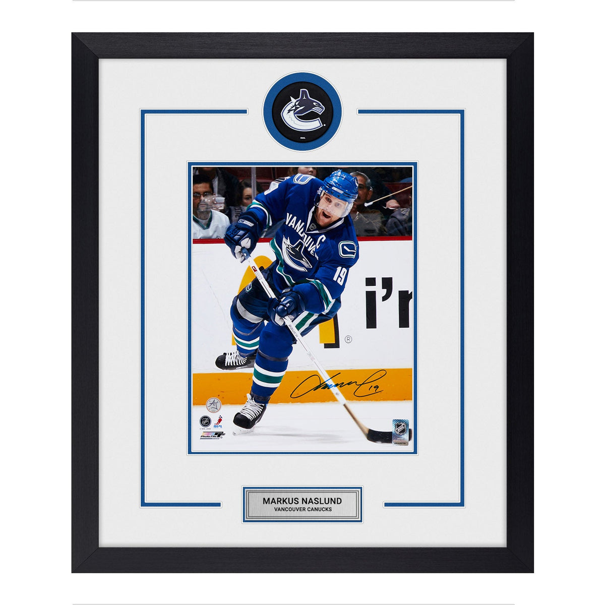 Markus Naslund Signed Vancouver Canucks Puck Logo 23x27 Frame product image 1, provided for visual reference and product