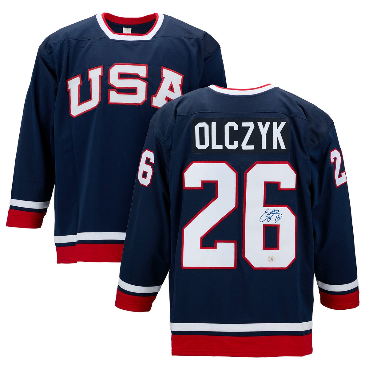 Ed Olczyk Autographed Team USA Custom Hockey Nation Jersey product image 3, provided for visual reference and product detail