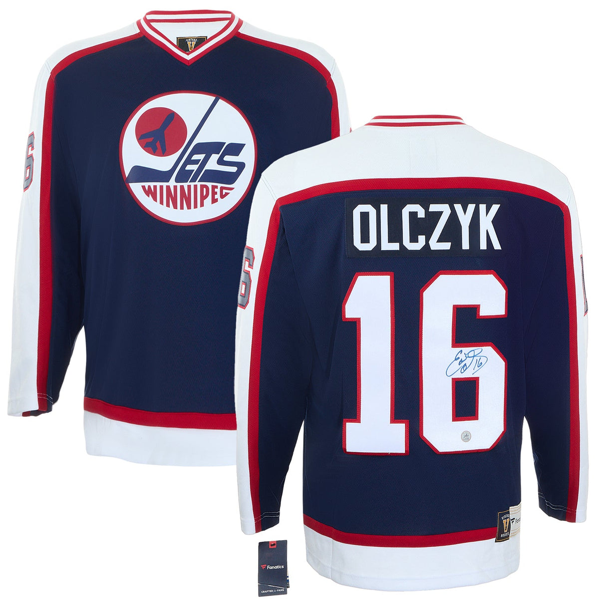 Ed Olczyk Autographed Winnipeg Jets Fanatics Throwback Jersey product image 3, provided for visual reference and product