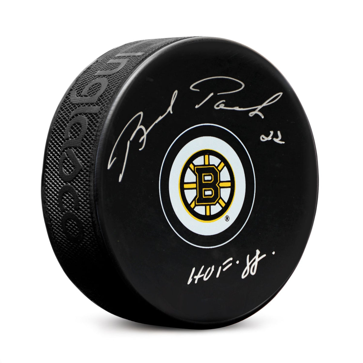 Brad Park Autographed Boston Bruins Hockey Puck with HOF Note product image 1, provided for visual reference and product