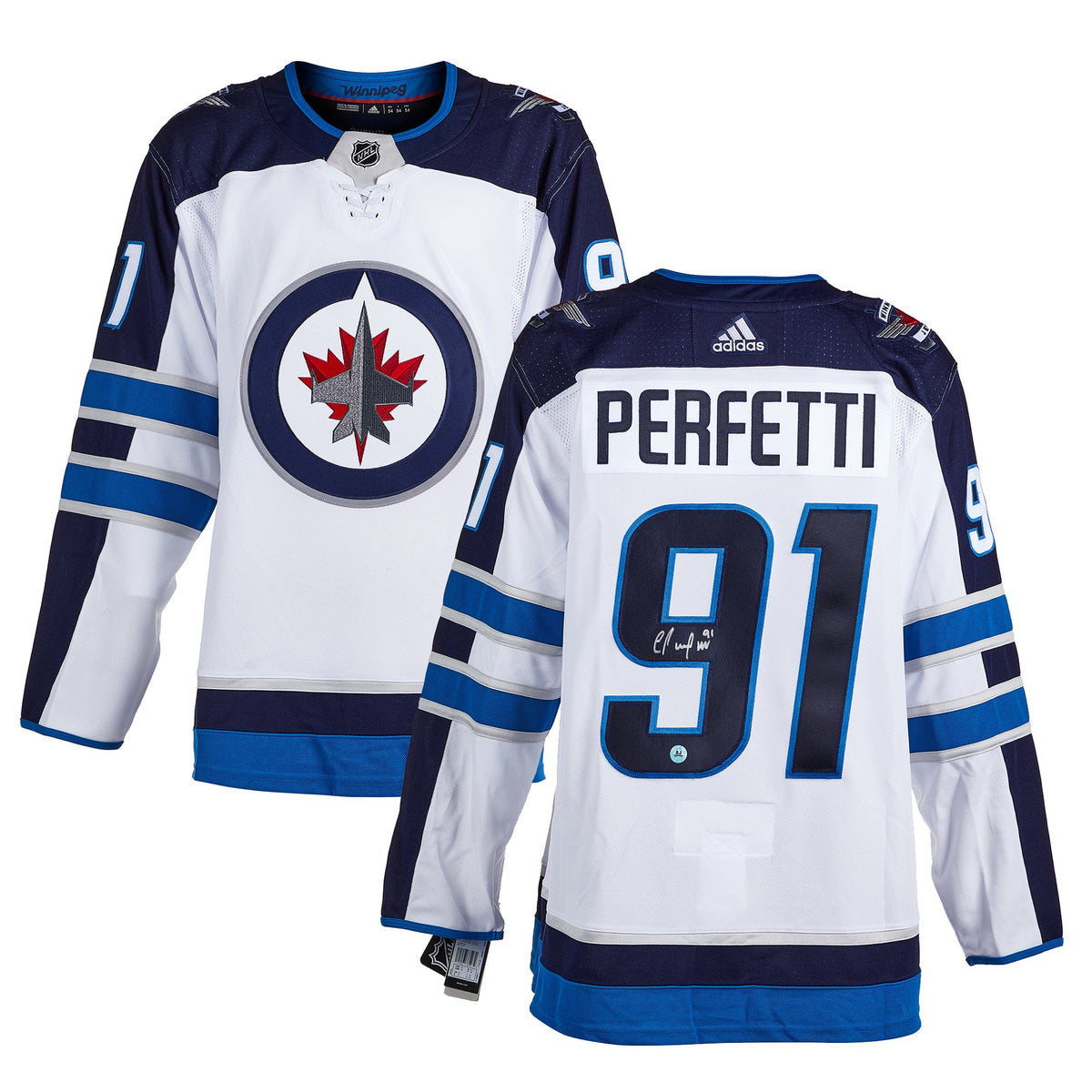 Cole Perfetti Signed Winnipeg Jets White adidas Jersey product image 3, provided for visual reference and product detail