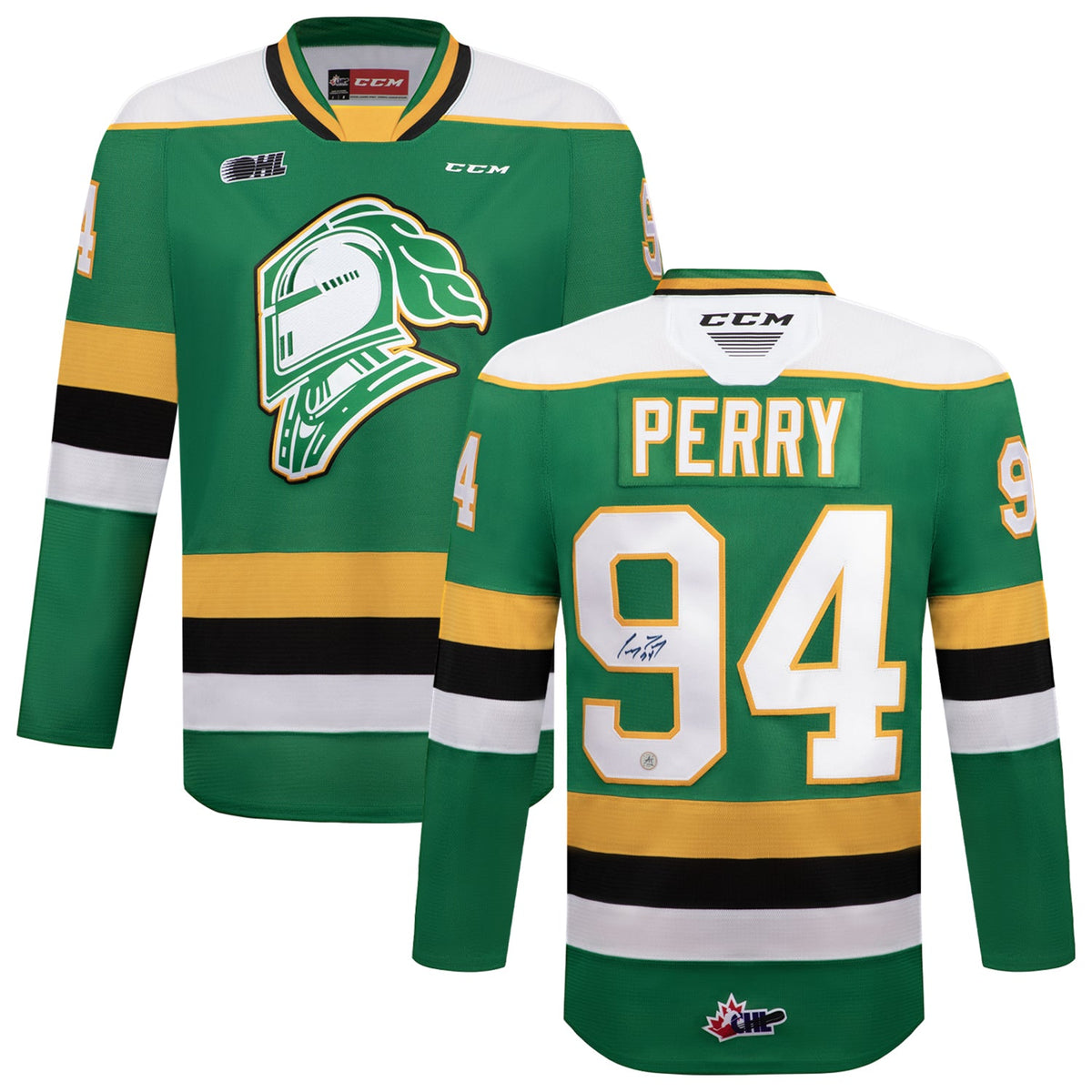 Corey Perry Autographed London Knights Green CCM CHL Jersey product image 3, provided for visual reference and product