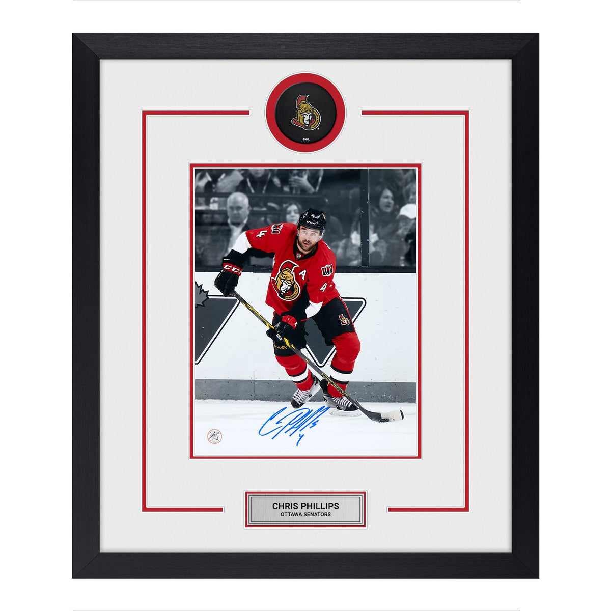 Chris Phillips Signed Ottawa Senators Puck Logo 23x27 Frame product image 1, provided for visual reference and product