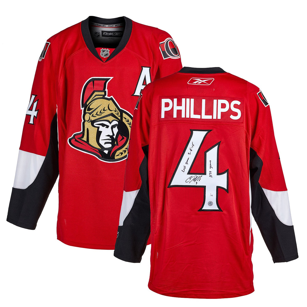 Chris Phillips Ottawa Senators Signed & Dated Last Game Reebok Jersey #/44 product image 3, provided for visual reference
