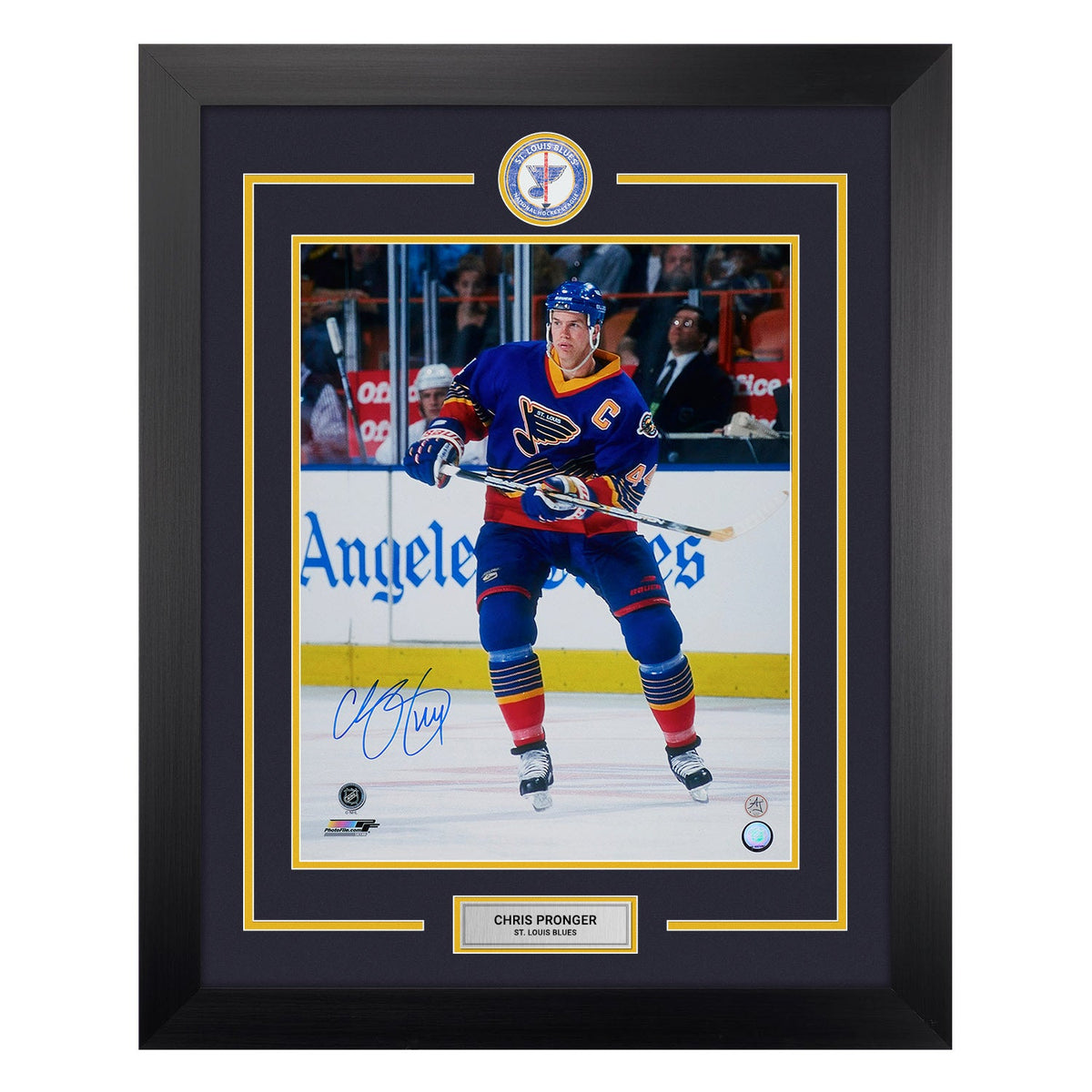 Chris Pronger Autographed St Louis Blues Centre Ice Logo 26x32 Frame product image 1, provided for visual reference and