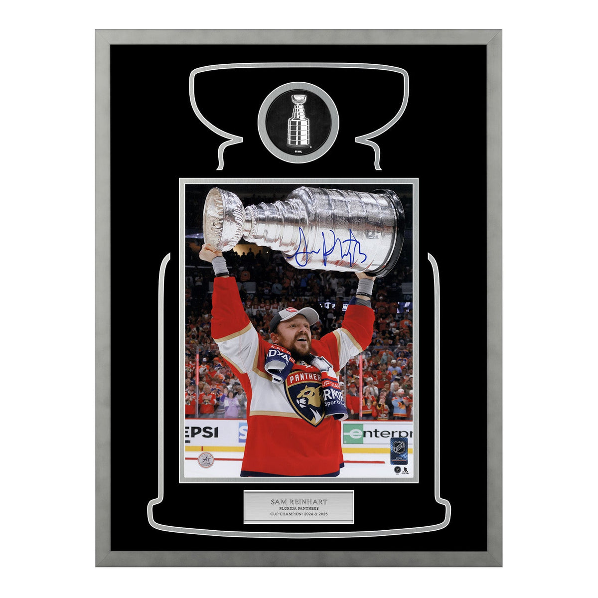 Sam Reinhart Autographed Florida Panthers Cup Champion 23x27 Frame product image 1, provided for visual reference and
