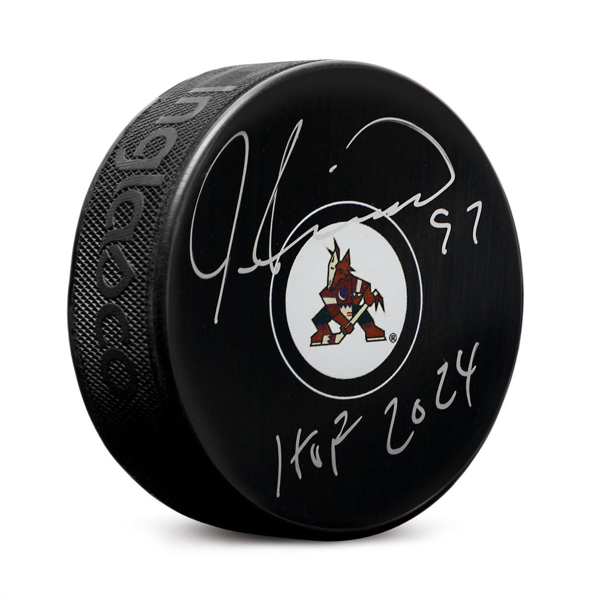 Jeremy Roenick Autographed Phoenix Coyotes Retro Logo Puck with HOF Note product image 1, provided for visual reference and