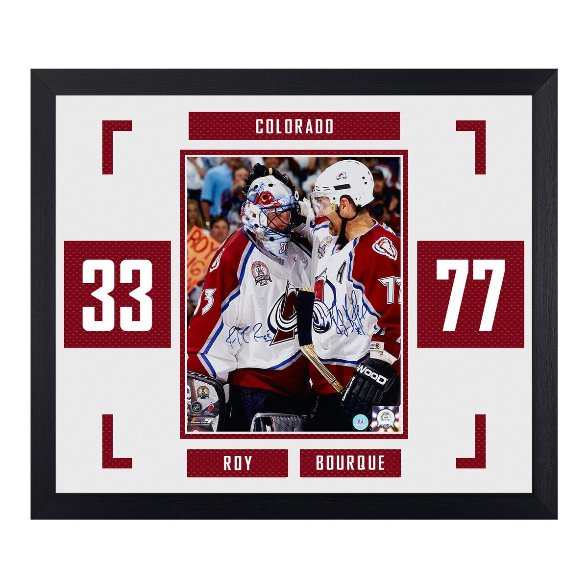 Patrick Roy & Ray Bourque Signed Colorado Avalanche Double Number 23x27 Frame product image 1, provided for visual reference