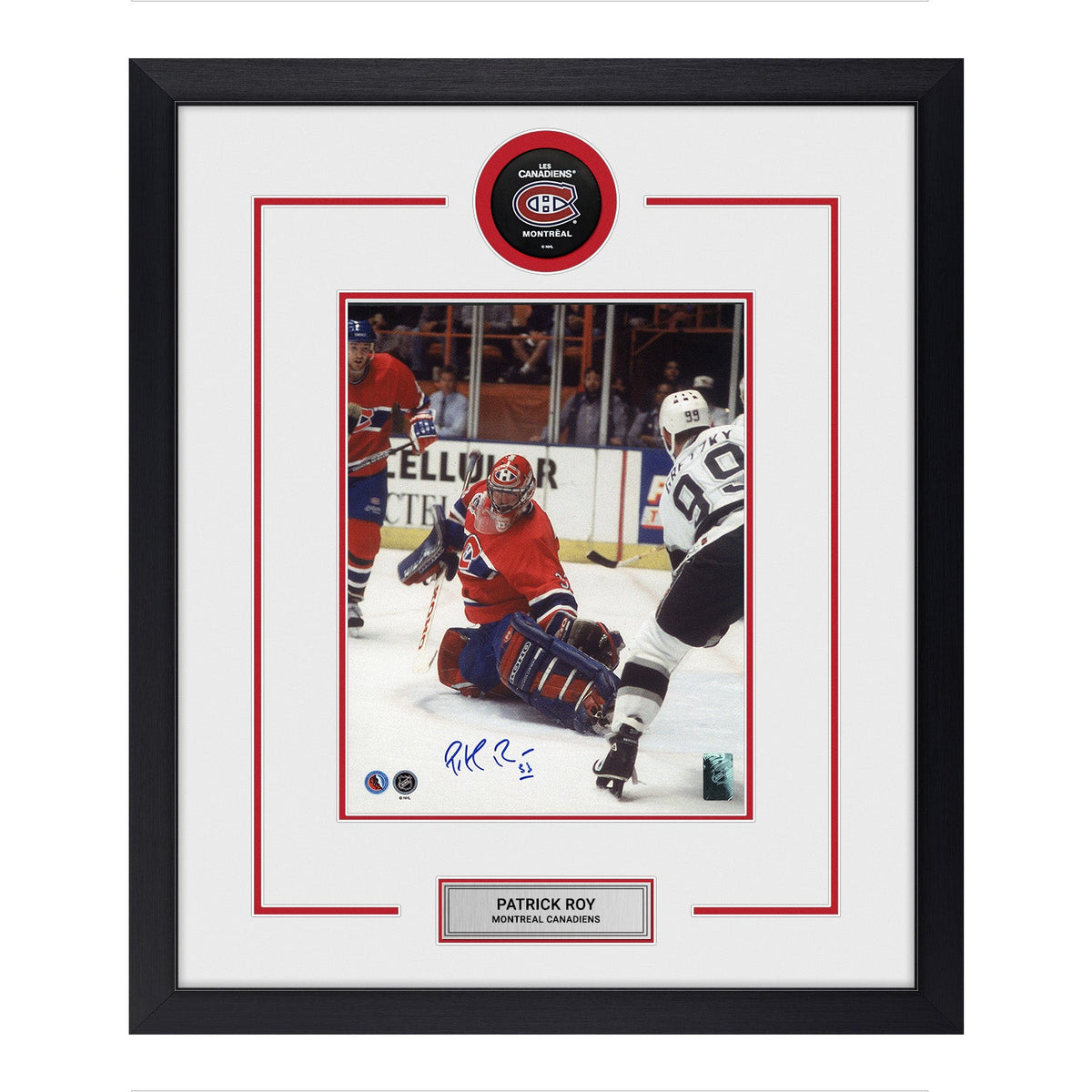 Patrick Roy Autographed Montreal Canadiens Puck Logo 22x26 Frame product image 1, provided for visual reference and product