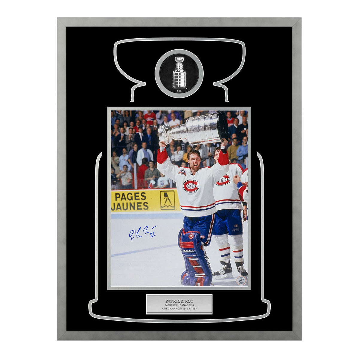 Patrick Roy Autographed Montreal Canadiens Cup Champion 20x26 Frame product image 1, provided for visual reference and