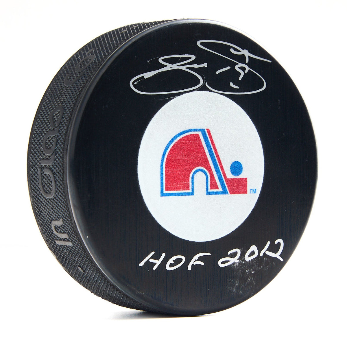 Joe Sakic Autographed Quebec Nordiques Retro Logo Puck with HOF Note product image 1, provided for visual reference and