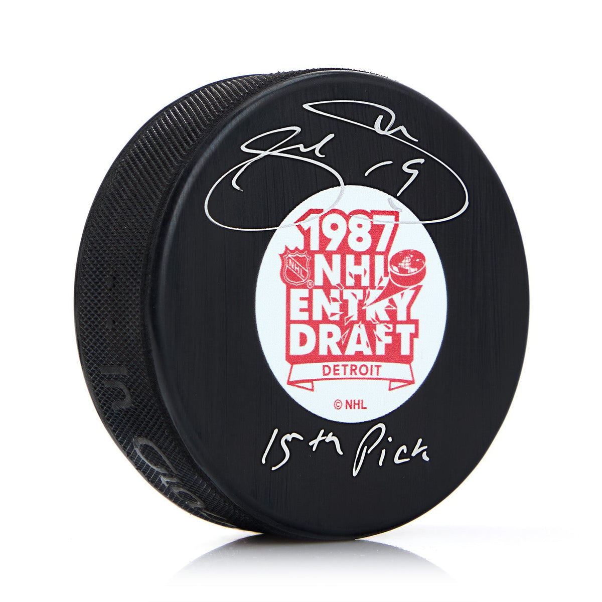 Joe Sakic Signed 1987 NHL Entry Draft Puck with 15th Pick Note product image 1, provided for visual reference and product