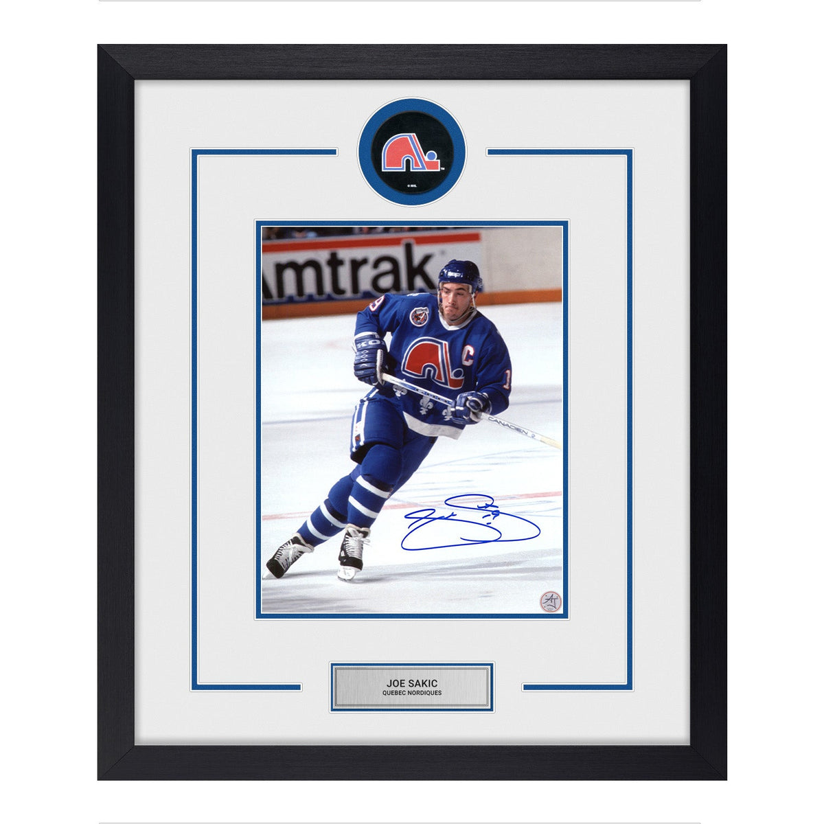 Joe Sakic Autographed Quebec Nordiques Puck Logo 22x26 Frame product image 1, provided for visual reference and product