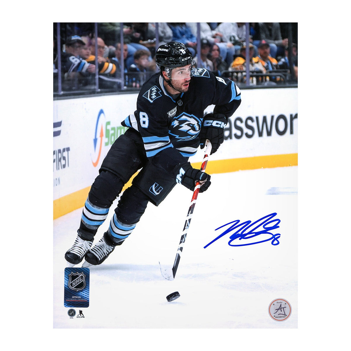 Nick Schmaltz Autographed Utah Mammoth Stickhandling 8x10 Photo product image 1, provided for visual reference and product