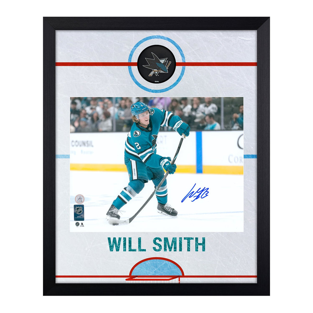 Will Smith Autographed San Jose Sharks Graphic Rink 19x23 Frame product image 1, provided for visual reference and product