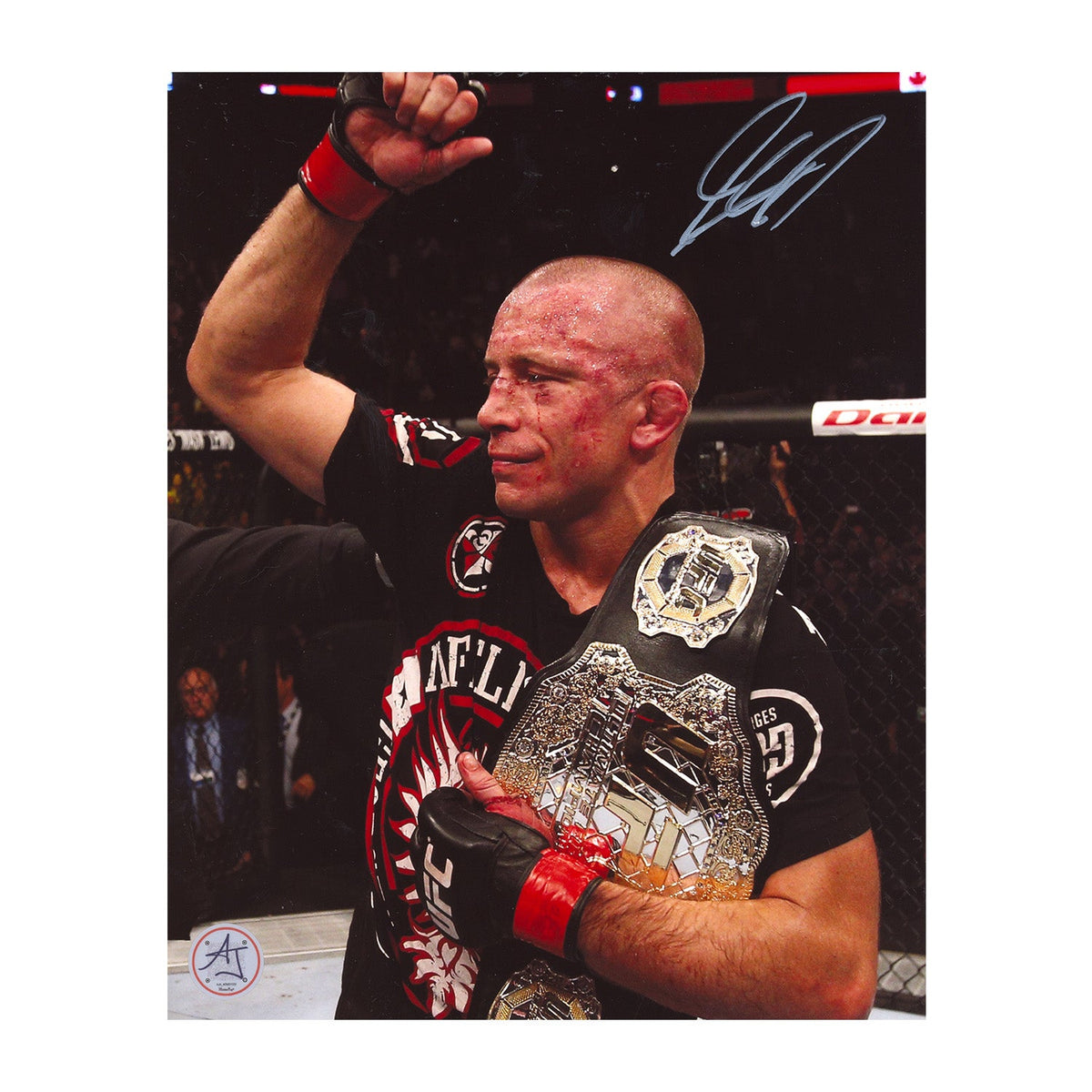 Georges St-Pierre Autographed UFC Bloody Warrior 8x10 Photo product image 1, provided for visual reference and product