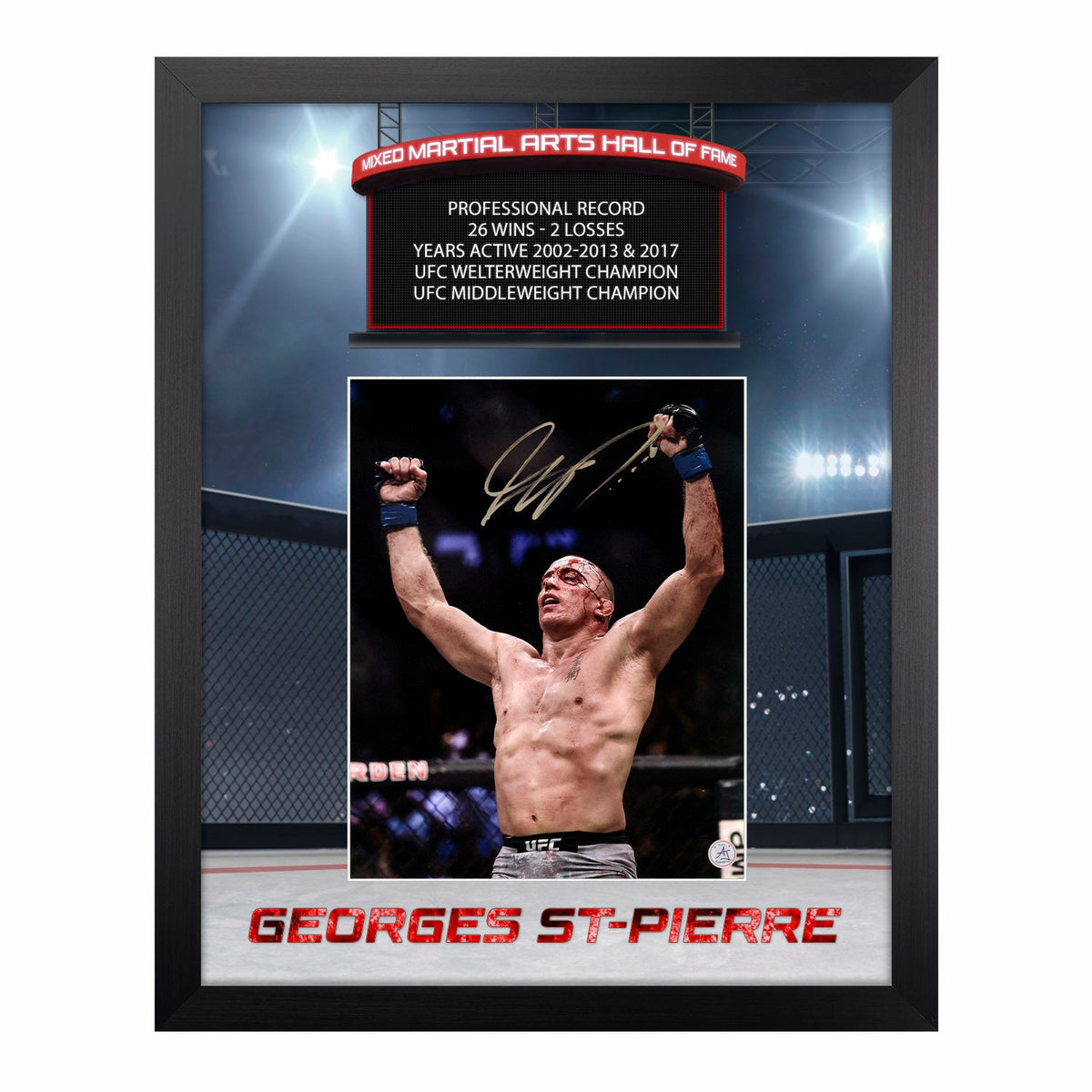 Georges St-Pierre Autographed UFC Bloody Warrior GSP Octagon Graphic 23x27 Frame product image 1, provided for visual