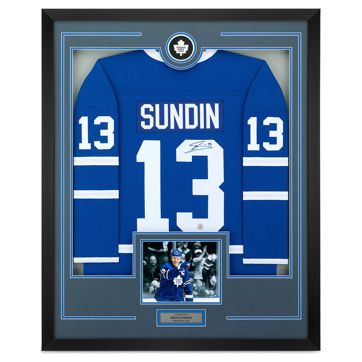 Mats Sundin Signed Toronto Maple Leafs Puck Logo 36x44 Jersey Frame product image 1, provided for visual reference and