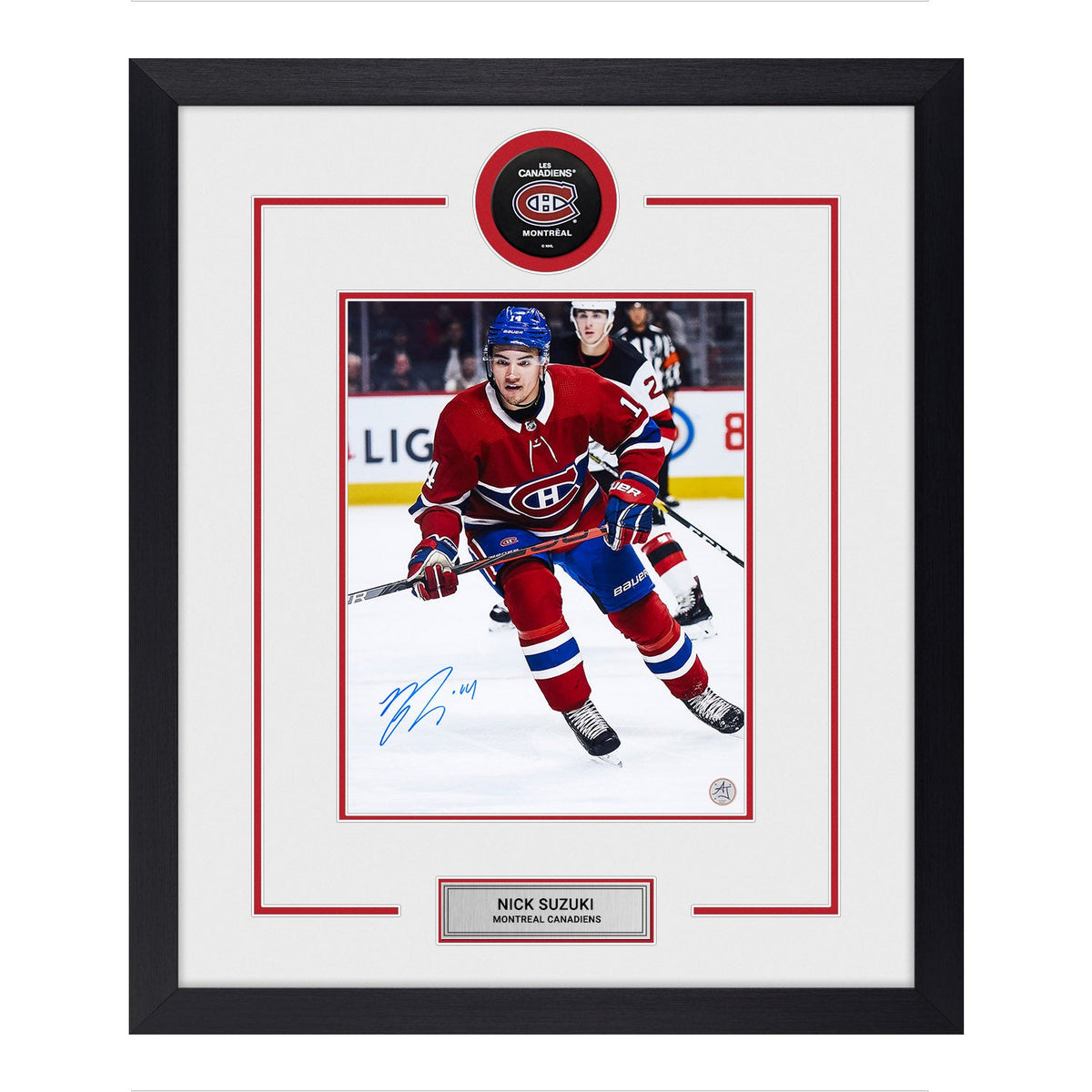 Nick Suzuki Autographed Montreal Canadiens Puck Logo 23x27 Frame product image 1, provided for visual reference and product