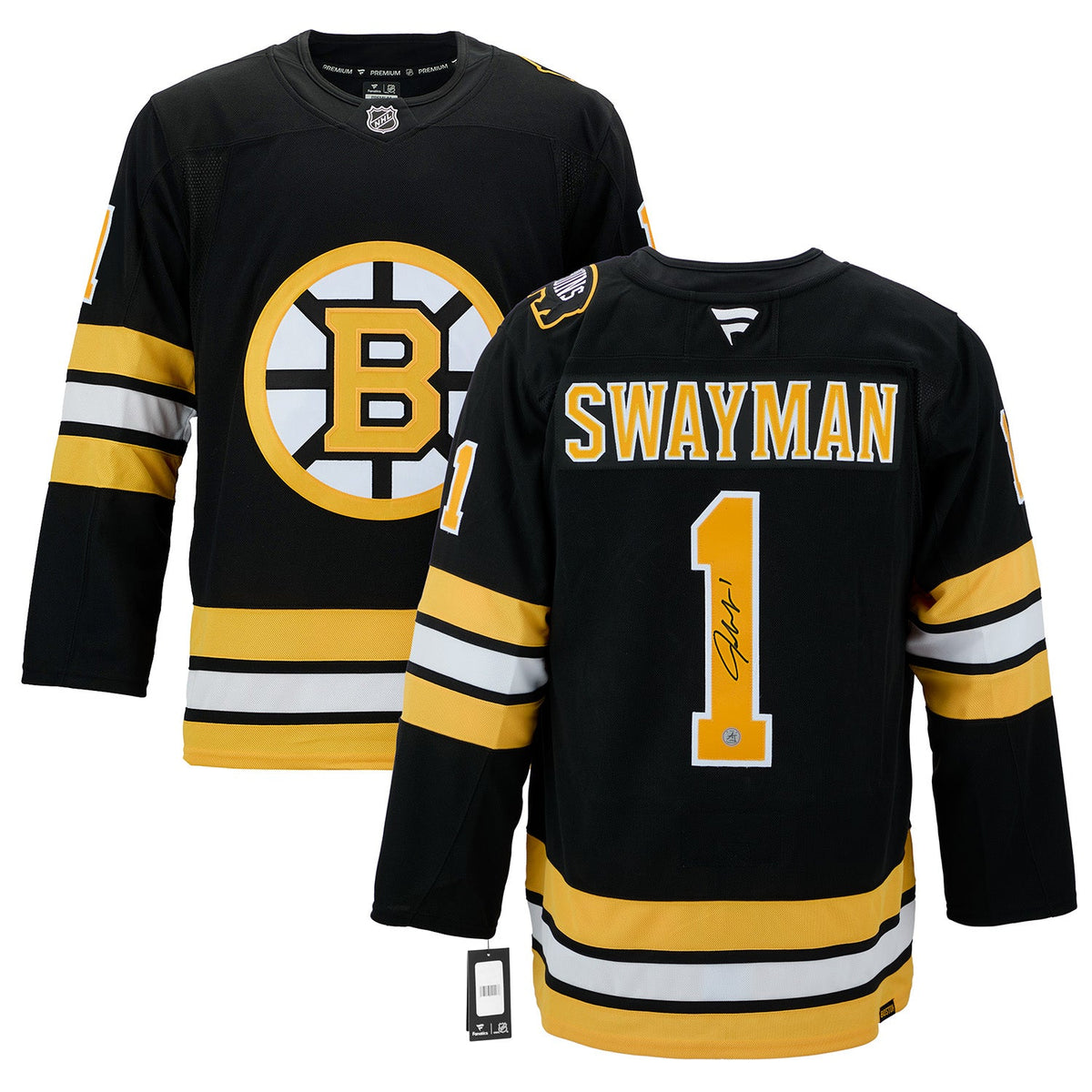Jeremy Swayman Autographed Boston Bruins Fanatics Premium Jersey product image 3, provided for visual reference and product