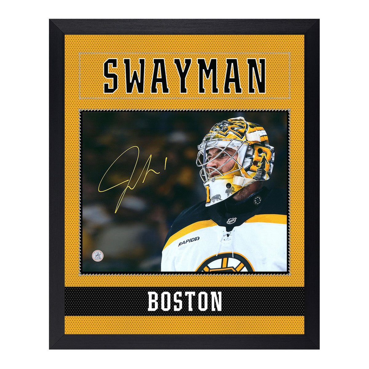 Jeremy Swayman Signed Boston Bruins Uniform Graphic 19x23 Frame product image 1, provided for visual reference and product