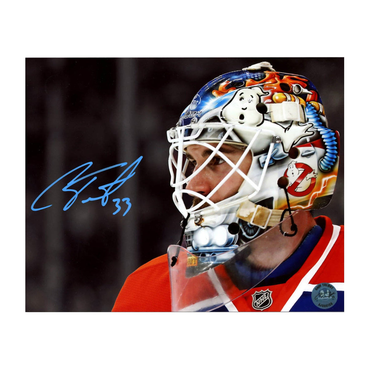 Cam Talbot Autographed Edmonton Oilers Mask Close-Up 8x10 Photo product image 1, provided for visual reference and product