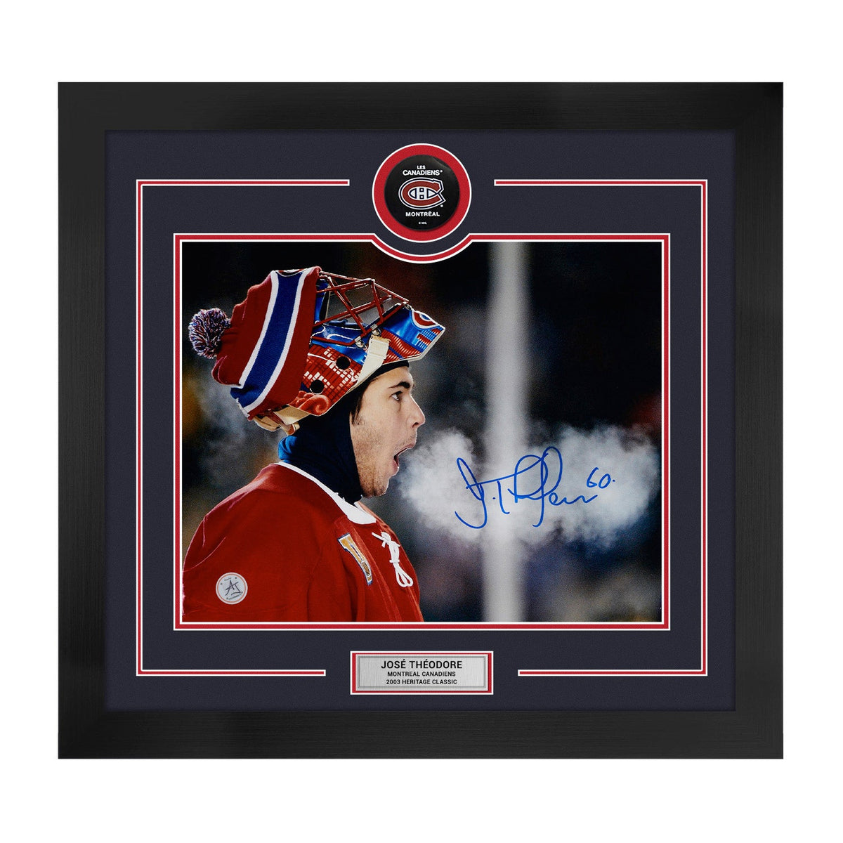 Jose Theodore Signed Montreal Canadiens Heritage Classic Puck Logo 28x30 Frame product image 1, provided for visual