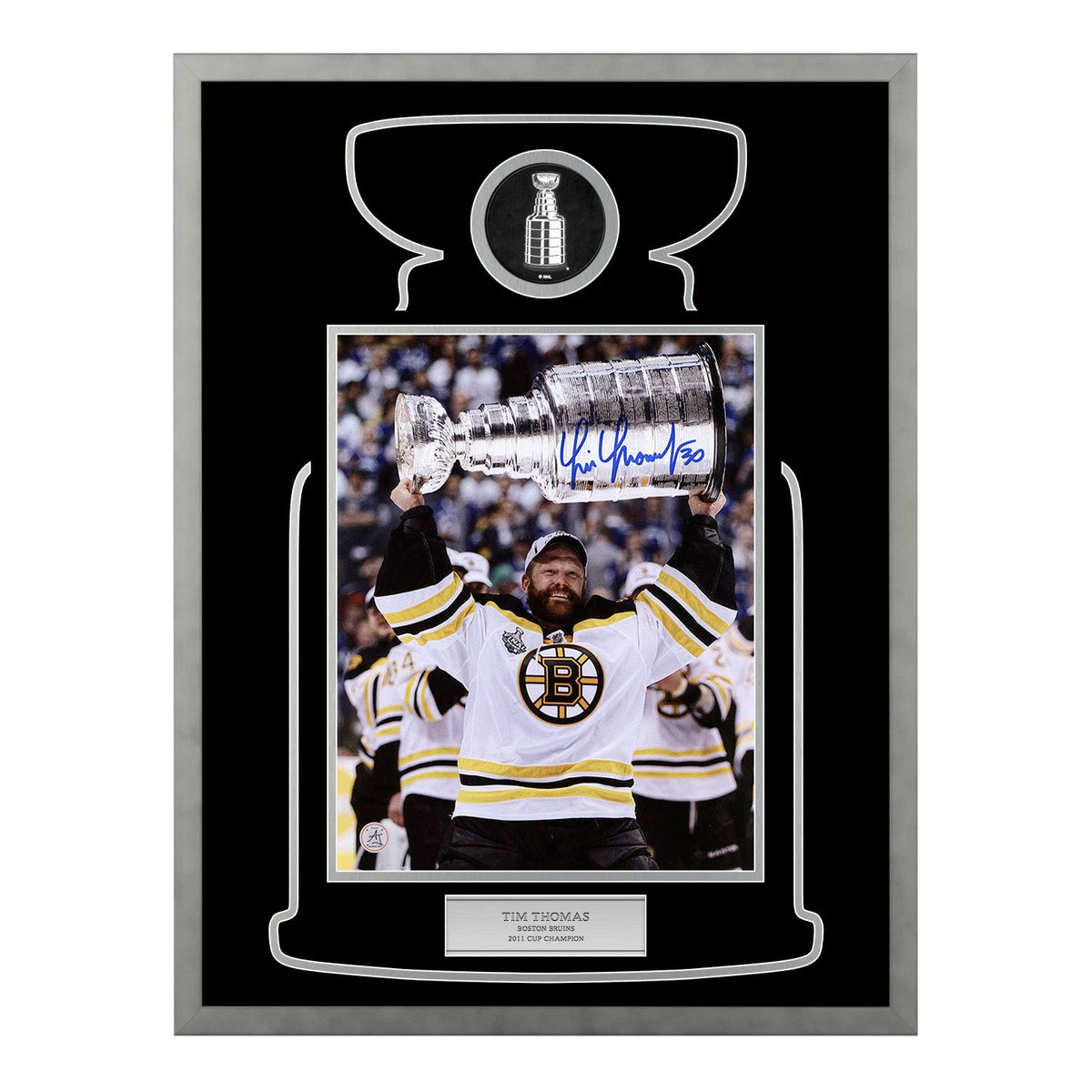 Tim Thomas Autographed Boston Bruins Cup Champion 23x27 Frame product image 1, provided for visual reference and product