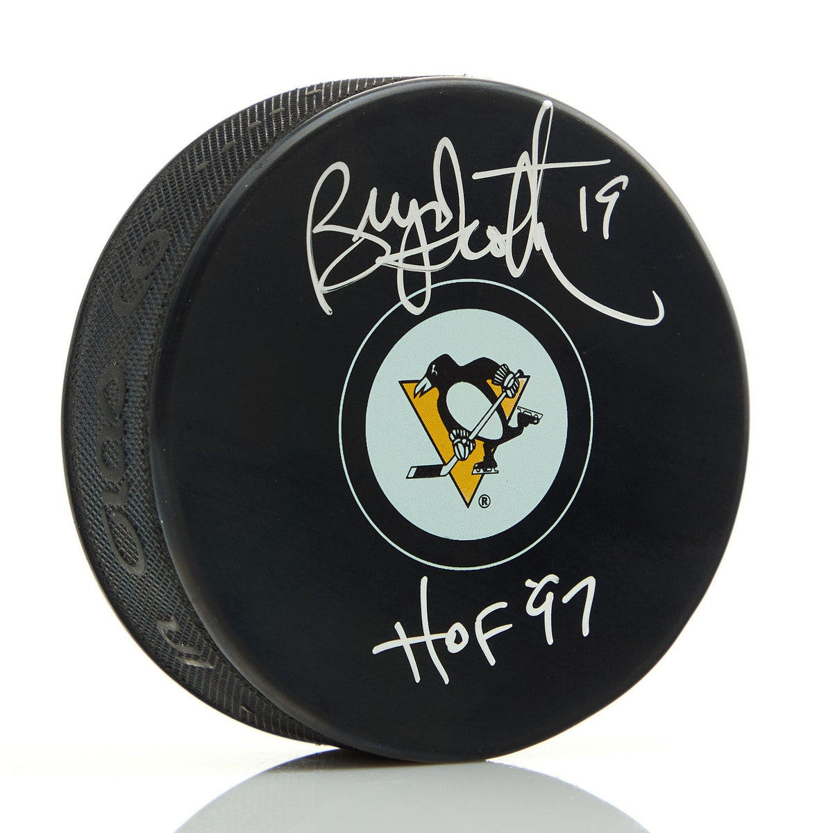 Bryan Trottier Autographed Pittsburgh Penguins Hockey Puck with HOF Note product image 1, provided for visual reference and