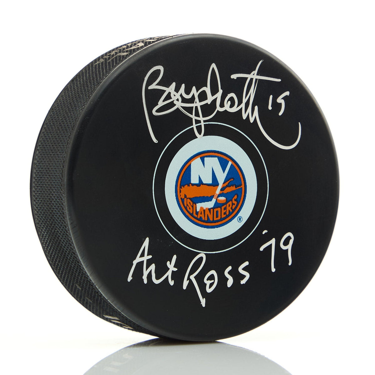 Bryan Trottier Signed New York Islanders Hockey Puck with 79 Art Ross Note product image 1, provided for visual reference
