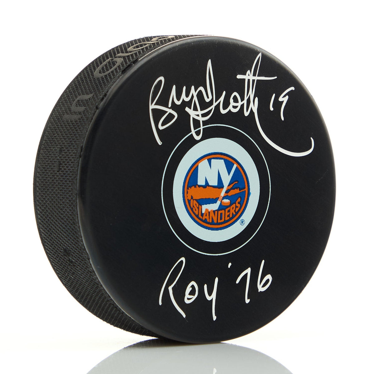 Bryan Trottier Autographed New York Islanders Hockey Puck with ROY 76 Note product image 1, provided for visual reference