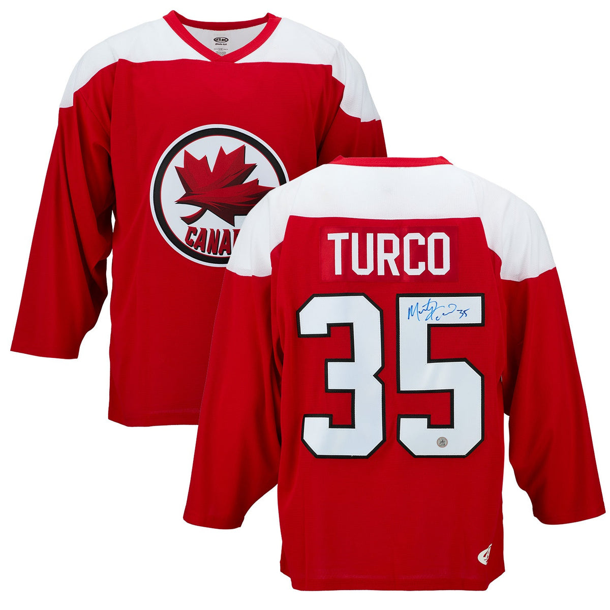 Marty Turco Team Canada Signed Canadian Flag Design Hockey Jersey product image 3, provided for visual reference and product