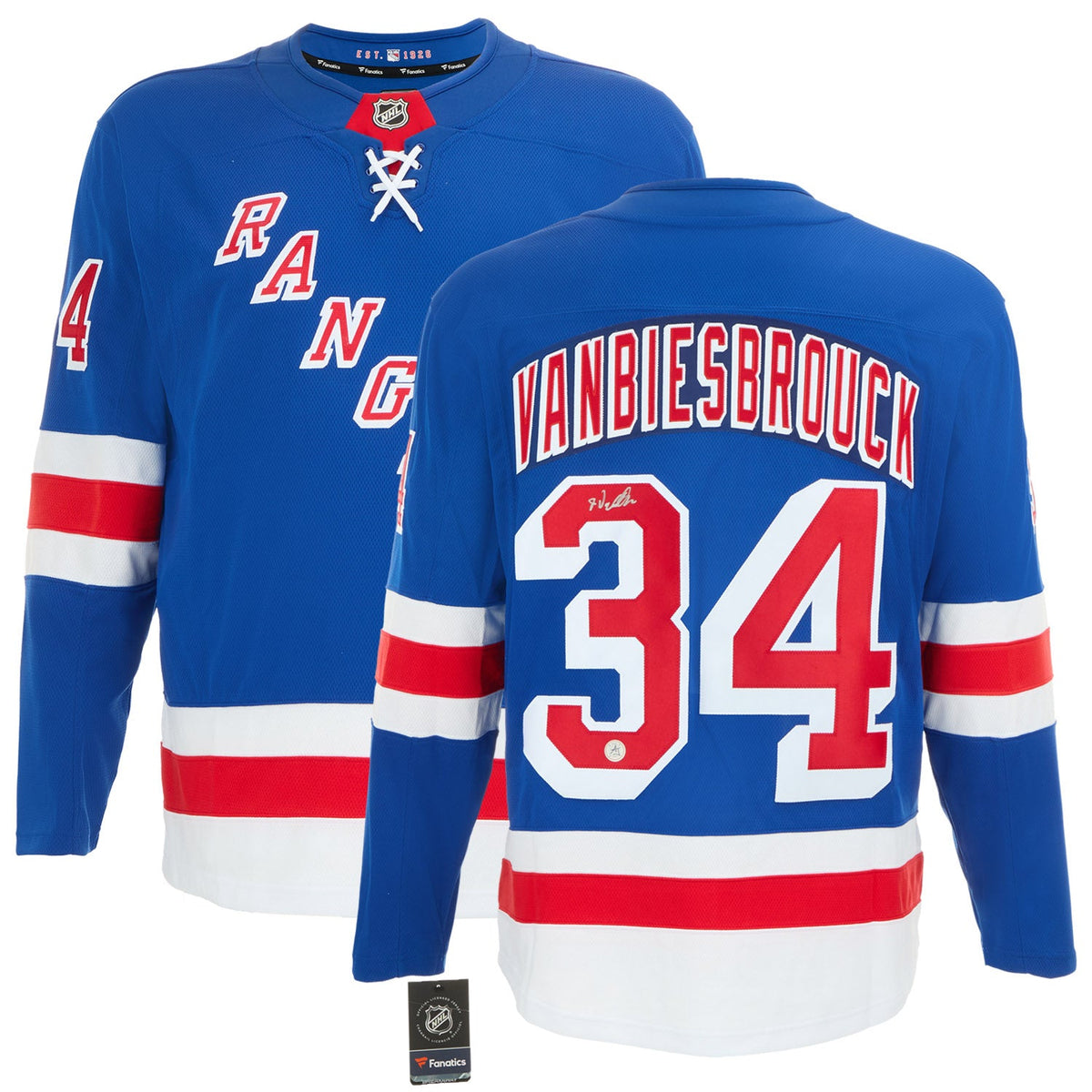 John Vanbiesbrouck Signed New York Rangers Blue Fanatics Breakaway Jersey product image 3, provided for visual reference and