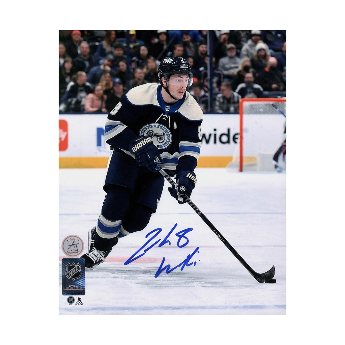 Zach Werenski Autographed Columbus Blue Jackets Puck Rush 8x10 Photo product image 1, provided for visual reference and