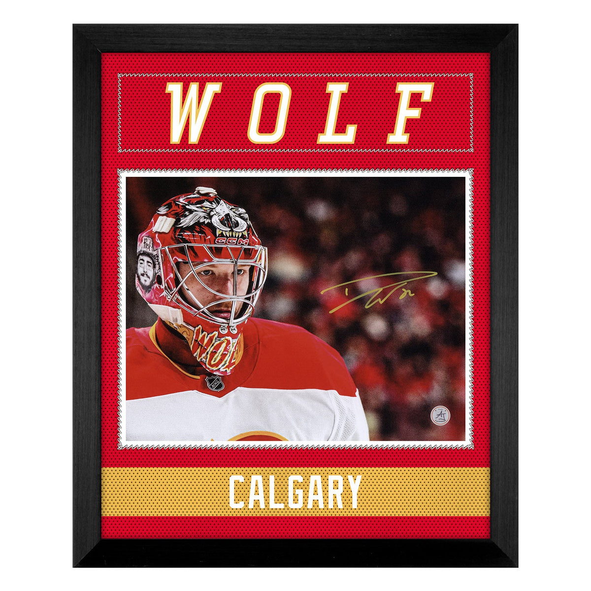 Dustin Wolf Autographed Calgary Flames Uniform Graphic 19x23 Frame product image 1, provided for visual reference and