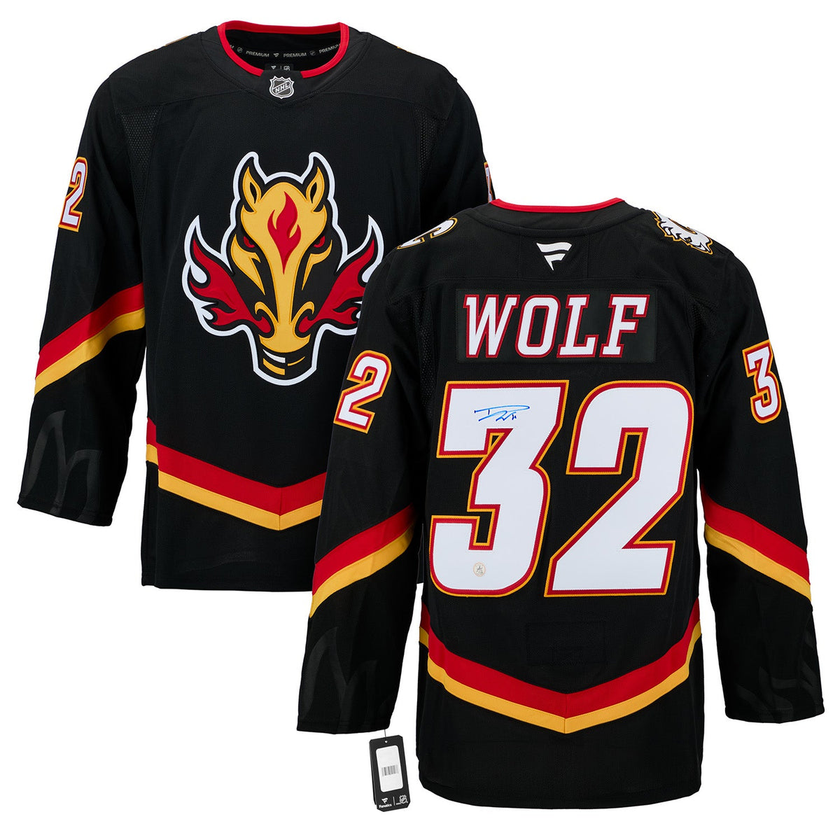 Dustin Wolf Autographed Calgary Flames Alt Blasty Fanatics Premium Jersey product image 3, provided for visual reference and