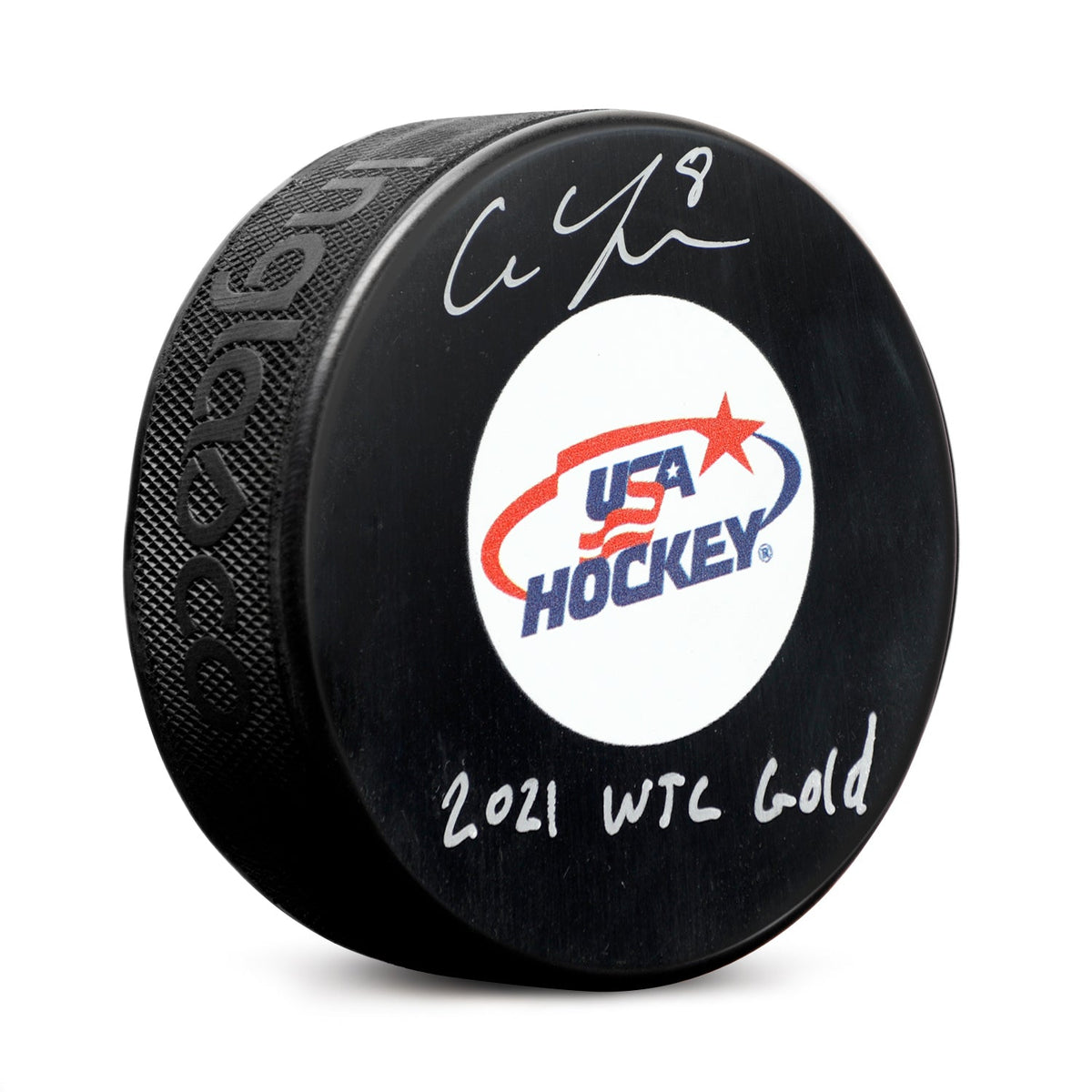 Cam York Autographed Team USA Hockey Puck with 2021 WJC Gold Note product image 1, provided for visual reference and product