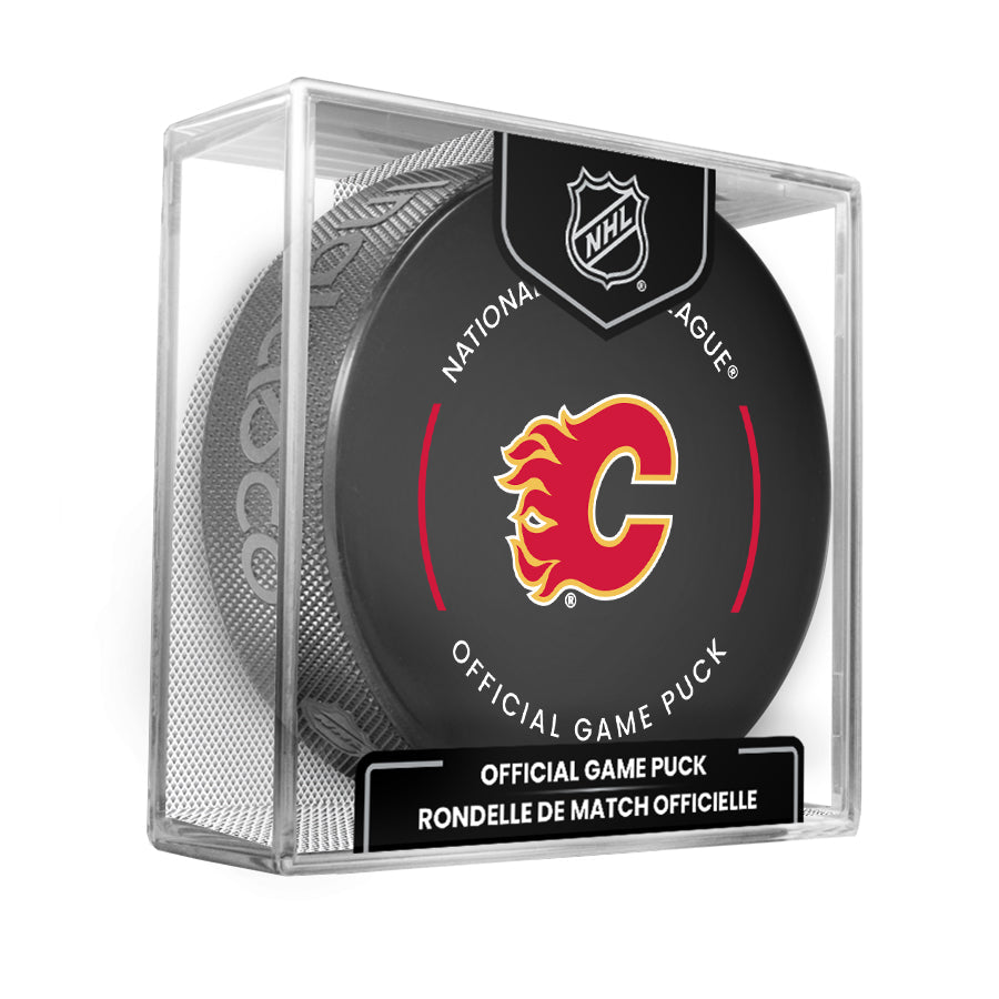 Calgary Flames 2023-24 NHL Official Game Puck with Display Case product image 1, provided for visual reference and product