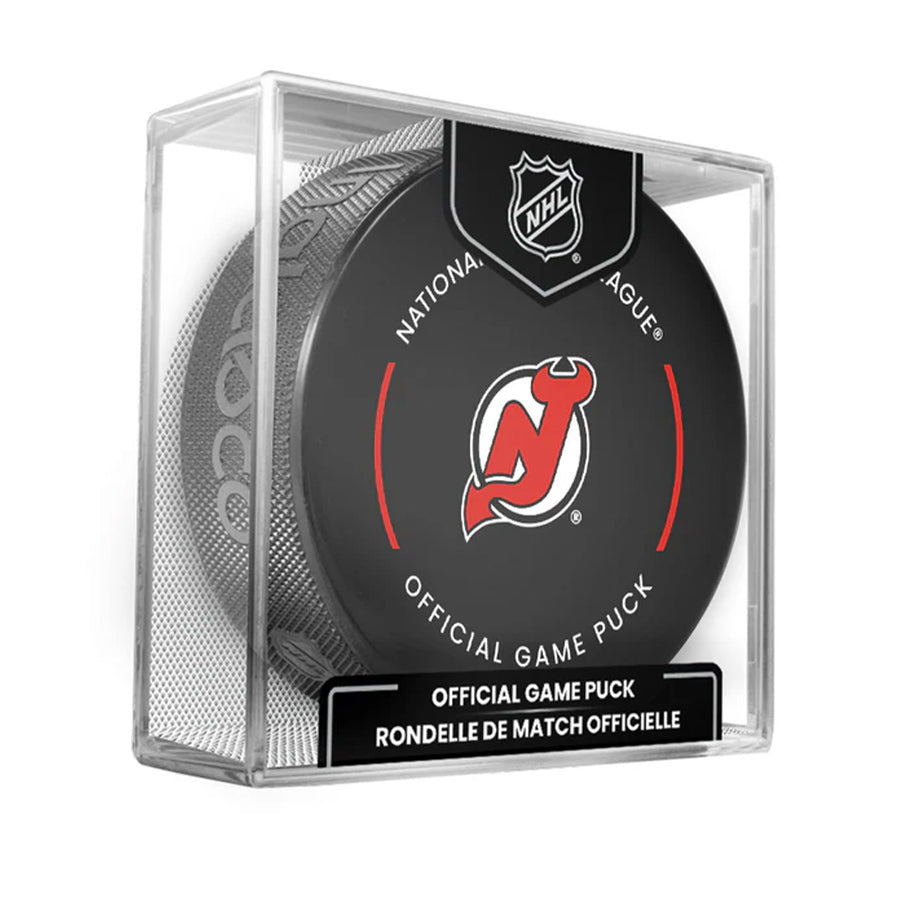 New Jersey Devils 2023-24 NHL Official Game Puck with Display Case product image 1, provided for visual reference and